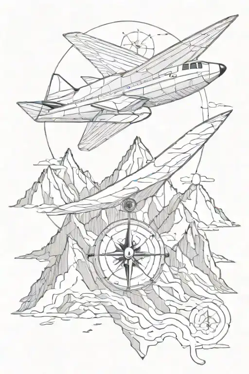 paper plane with compass with mountains tattoo design idea