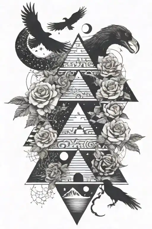 pyramid,trees,roses,crows,moons,waterfalls,serpant,stars, tattoo design idea