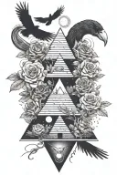 pyramid,trees,roses,crows,moons,waterfalls,serpant,stars, tattoo design idea