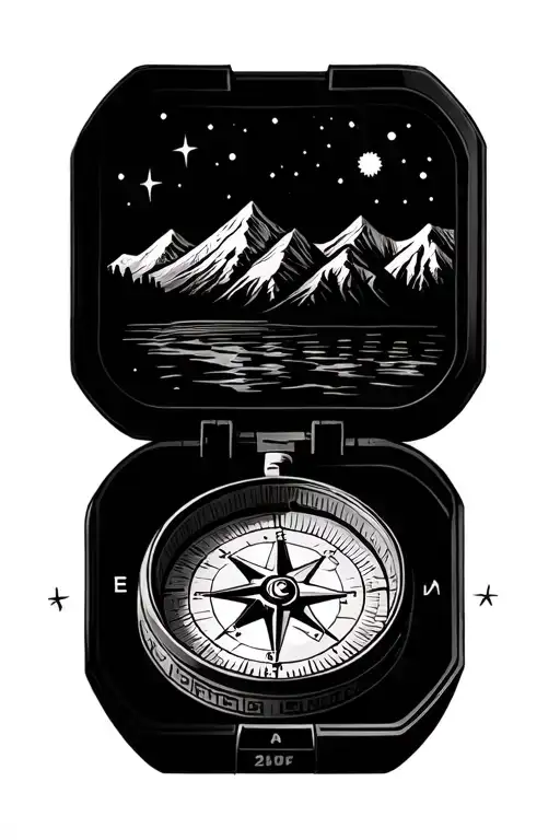 compass, mountains, camping, realism  tattoo design idea