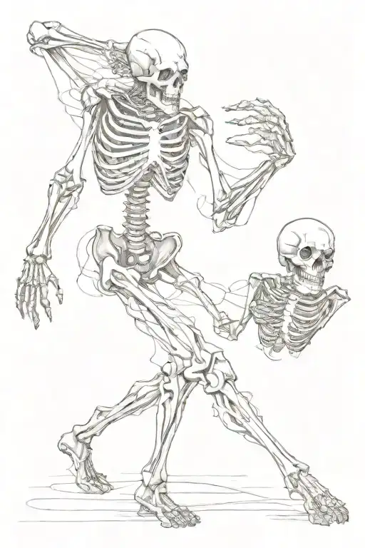 skeleton dancing and holding severed skull tattoo design idea