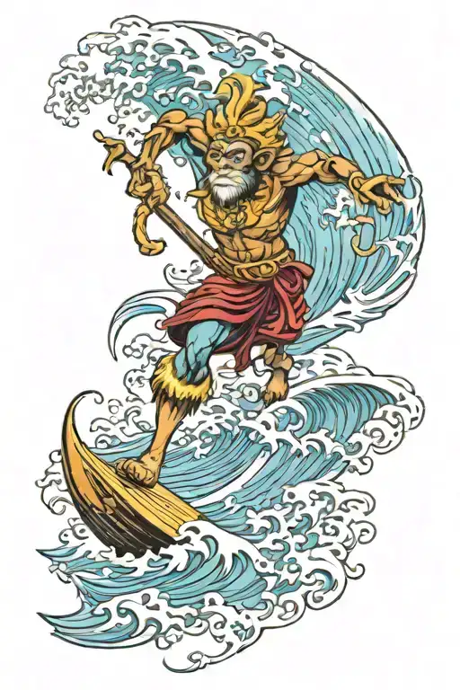 The monkey king surfs a wave tattoo design idea