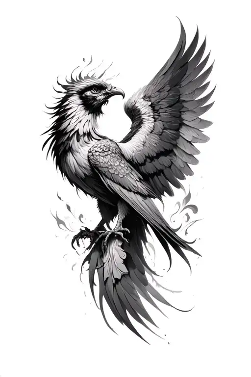 A realistic black and gray tattoo, representing a whole phoenix with deployed wings, in a protective posture and tattoo design idea