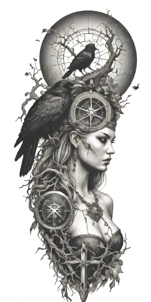 the morrigan Irish goddess with crows an old oak tree growing and norse compass  tattoo design idea