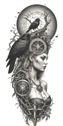 the morrigan Irish goddess with crows an old oak tree growing and norse compass  tattoo design idea