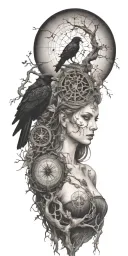 the morrigan Irish goddess with crows an old oak tree growing and norse compass  tattoo design idea