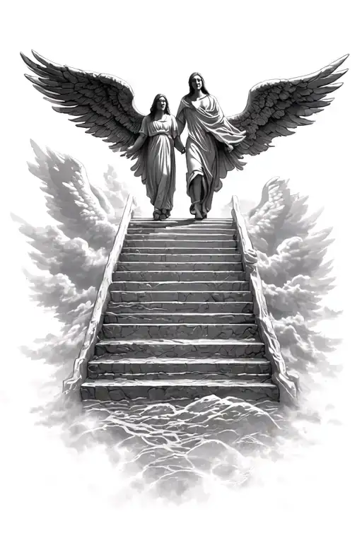 cinematic stairway to heaven serene holding hands leaving earth walking into heaven angels  tattoo design idea