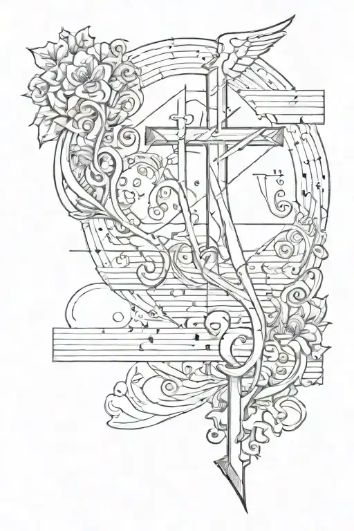 music notes and catholic cross and ark angle  tattoo design idea
