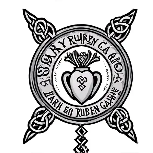 Celtic circle with claddagh design in the middle. The words "Ciara Mary Ruben Gabriel" in a celtic font in a cirlce tattoo design idea