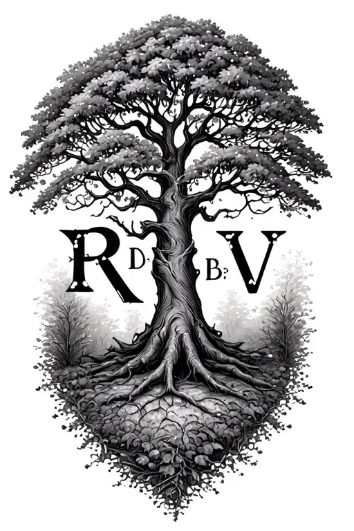 a tree with initials, R,V as principal and M,D,A,B,A,E tattoo design idea