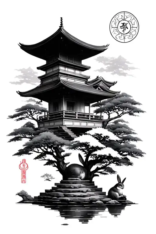a japanese garden, with a japenese temple on it somewhere a rabbit, somewhere on the picture a 'cancer' astrology sign tattoo design idea