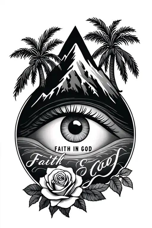 Palm trees with a mountain and roses intertwined with eye in middle with a quote saying Faith In God in cursive font tattoo design idea