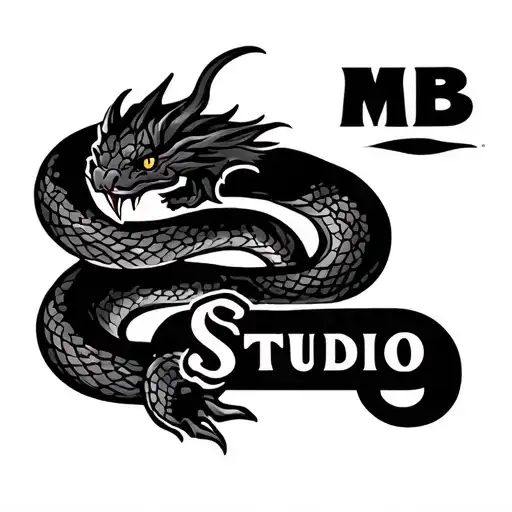 Old school tattoo logo design for 'MB Studio' featuring a coiled snake or classic dragon, bold black outlines only tattoo design idea