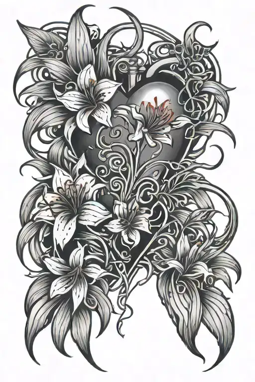 heart with blade going through it and red spider lily's around it  tattoo design idea