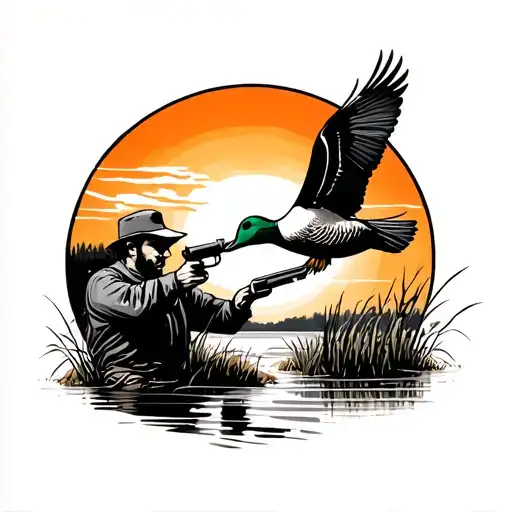 MAN SHOOTING AT DUCK FLYING AWAY WITH A HUNTING DOGSHOTGUN WETLANDS SUNSET tattoo design idea