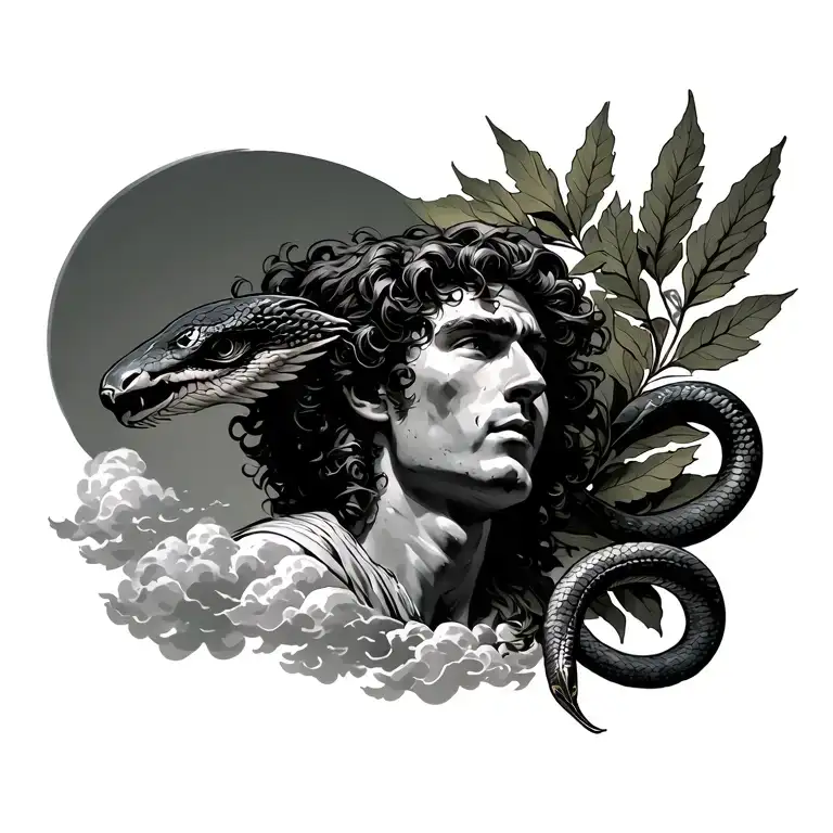 icarus falling snake wrapped around left collar bone looking at him through the clouds olive branch around right collar tattoo design idea
