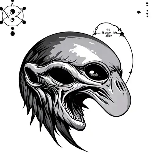 Evolutionary chart from ape to alien with an atom as background tattoo design idea