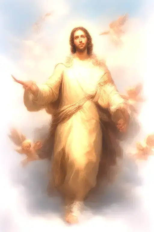  Saint Joseph walking on clouds, with small angels flying around him tattoo design idea