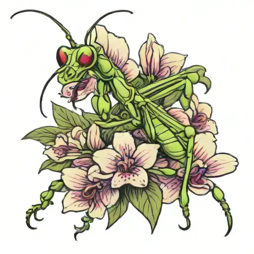 praying mantis on a orchid  tattoo design idea