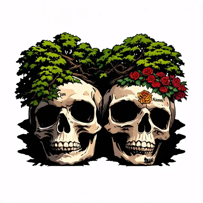 skulls, stone, trees with the names Naomi,Jim,linda tattoo design idea
