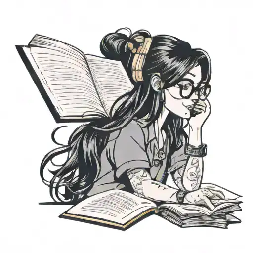 glasses girl with black hair and gaged earrings reading a book tattoo design idea