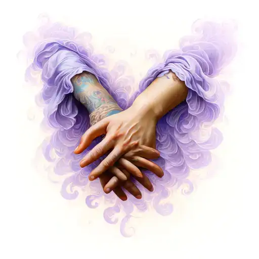 the hands of Francesca and Paolo from the painting by George Frederick Watts with purple wispy swirls around them  tattoo design idea