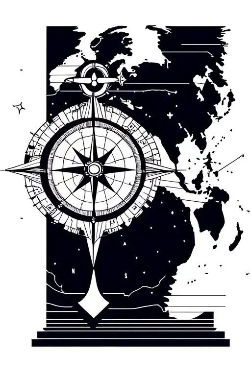 compass, rudder whell, world map, anchor connected tattoo design idea