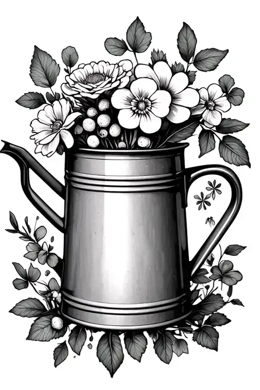 Australian wattle, rose, violets, shamrock, marigolds all in a watering can  tattoo design idea