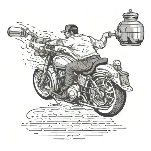 Illustrate a bartender pouring a cocktail into a motorcycle gas tank, symbolizing fueling up for new adventures tattoo design idea