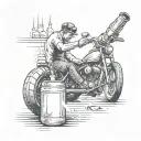 Illustrate a bartender pouring a cocktail into a motorcycle gas tank, symbolizing fueling up for new adventures tattoo design idea