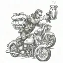 Illustrate a bartender pouring a cocktail into a motorcycle gas tank, symbolizing fueling up for new adventures tattoo design idea