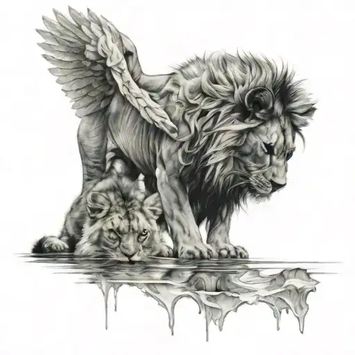 Tattoo sketch: a lion with a neutral face looks into the water, and in the reflection he sees a kitten, on one side an angel is praying, and on the other tattoo design idea