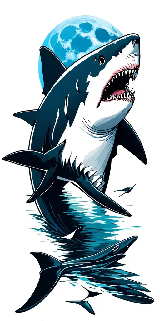 great white shark with a blue moon above it tattoo design idea