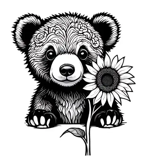 baby bear with sunflower tattoo design idea