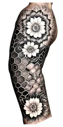Full Left Sleeve with escher geometry, hexagonal honeycomb patterns (some layered to abstraction), blossom mandala tattoo design idea