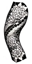 Full Left Sleeve with escher geometry, hexagonal honeycomb patterns (some layered to abstraction), blossom mandala tattoo design idea