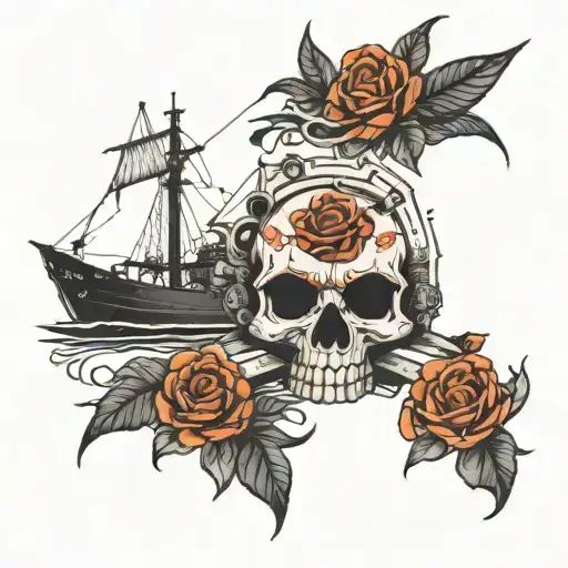 container ship and a skull face tattoo design idea