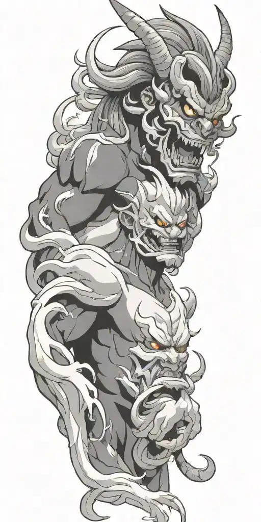 male anime character  oni mask fighting off inner demons  tattoo design idea