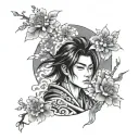irezumi tattoo sakura flower and Japanese boy with long hair tattoo design idea