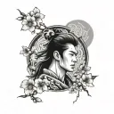 irezumi tattoo sakura flower and Japanese boy with long hair tattoo design idea