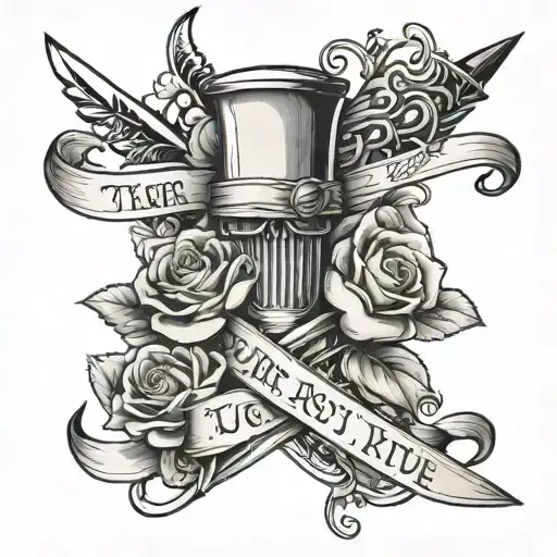 dagger with ribbon wrapped around saying there rest and let me die with flowers tattoo design idea