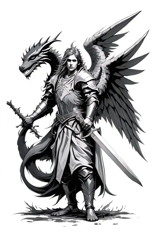 angel knight holding a sword with a dragon tattoo design idea