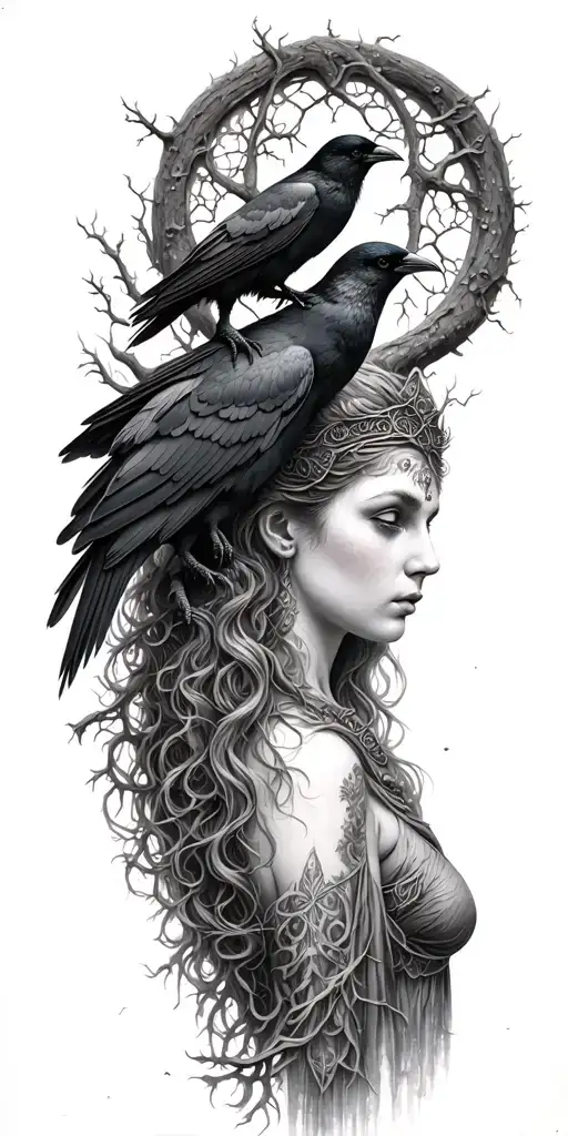 the morrigan Irish goddess with crows an old tree of life  tattoo design idea