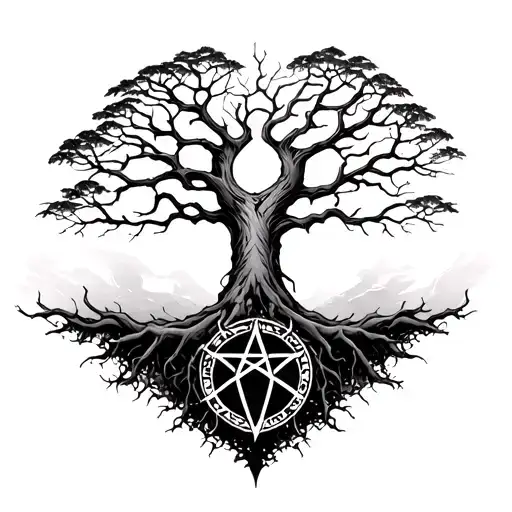 tree of life with elements in branches and a pentagram in the roots tattoo design idea