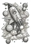 rocket flying in clouds with planets, stars, music notes tattoo design idea