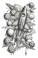 rocket flying in clouds with planets, stars, music notes tattoo design idea