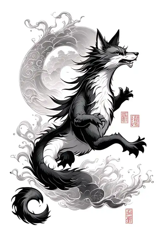 Kitsune leaping out of ink japanese writing  on a scroll going down a path of tori gates tattoo design idea