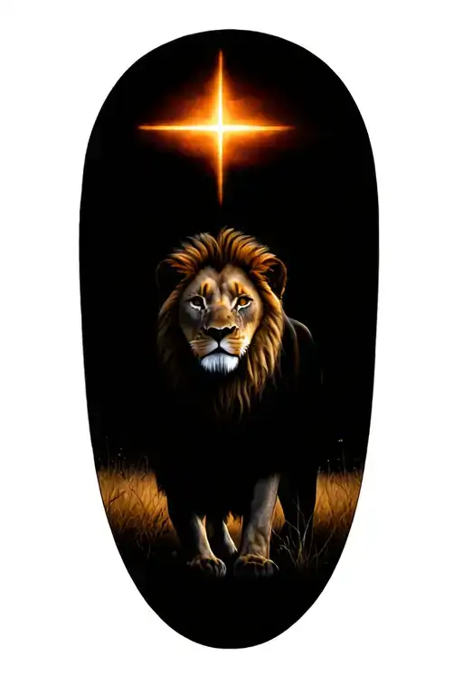 Half sleeve lion tattoo, majestic lion standing on African savanna, sunset background, subtle cross in the sky,  tattoo design idea