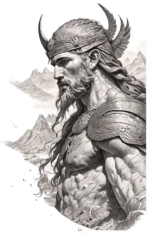 the titan atlas, ares god of war, athena the godess of wisdom, background seven mountains  tattoo design idea
