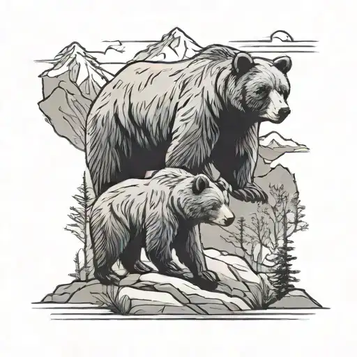 mama bear and cub with mountains in the background tattoo design idea